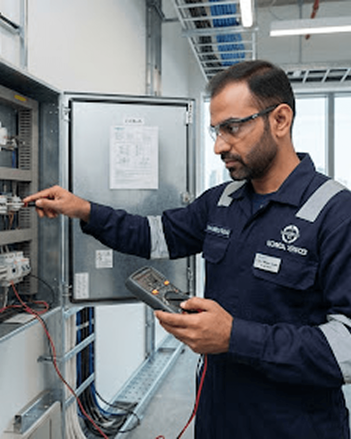 Technician diagnosing an electrical panel