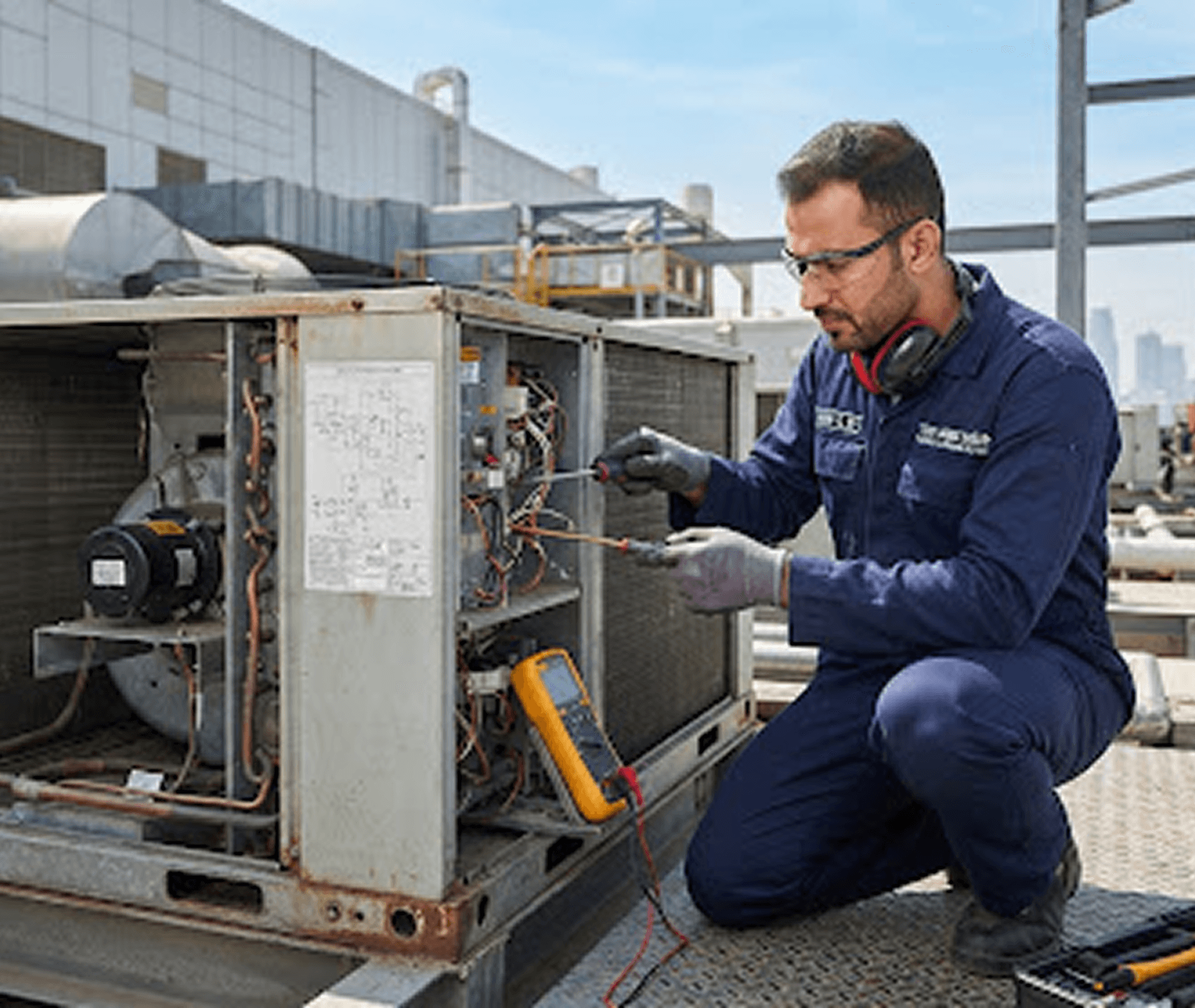Technician servicing a rooftop AC unit